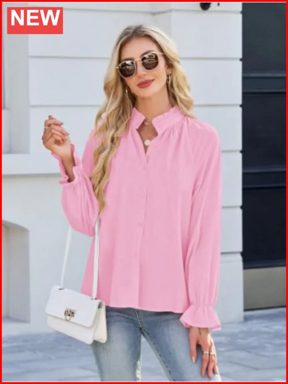 Womens Button Down Long Sleeve Blouse Stand Collar Ruffle Puff Sleeve Top